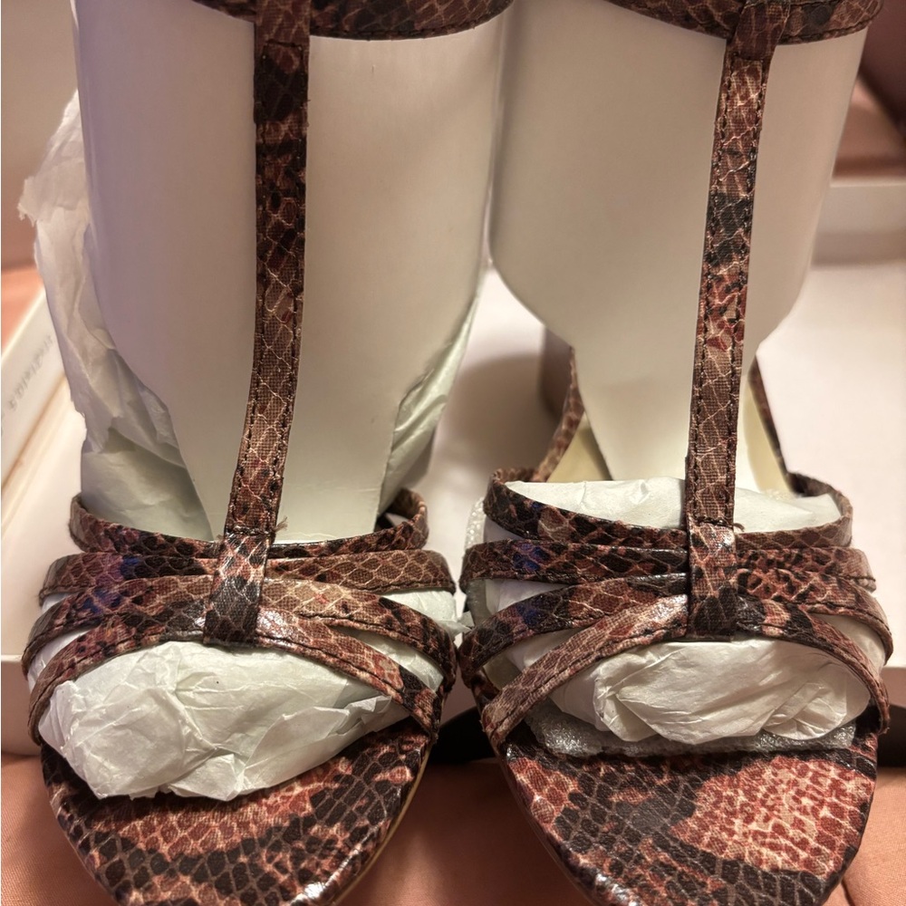 Nine West Brown Snake-Print T-Strap Wedge Heeled Sandals